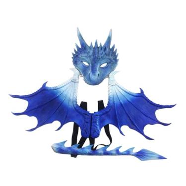 Imagem de UGPLM Fantasia infantil de dragão, cauda de dinossauro, máscara, conjunto de asas, cosplay, fantasia de Halloween para festivais, carnavais, Páscoa, meninos, Azul