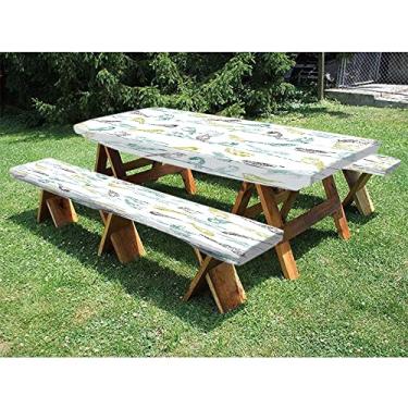 Imagem de Toalha de mesa com ajuste de pássaros, conjunto de 3 peças, vários tipos de pássaros sentados e chilrear em fios, estampa de criaturas musicais, para uso ao ar livre/churrasco/acampamento, 76 x 182