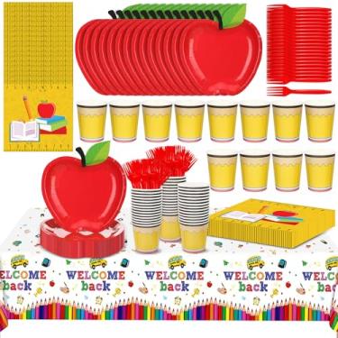 Imagem de Conjunto de 96 peças de utensílios de mesa de volta às aulas pratos de maçã, caderno, pratos de papel, copos de papel amarelos, guardanapos de livro, cartões de barraca para 24 convidados, jardim de