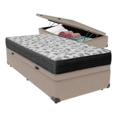 Imagem de Cama Box Báu Solteiro Sintético Bege + Colchão Iso 100 - Estrutura Reforçada - Imperium do Sono