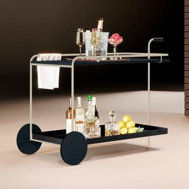 Imagem de Carrinho Bar Agnes com Rodízios e Prateleiras Ébano Estrutura Metálica Champagne