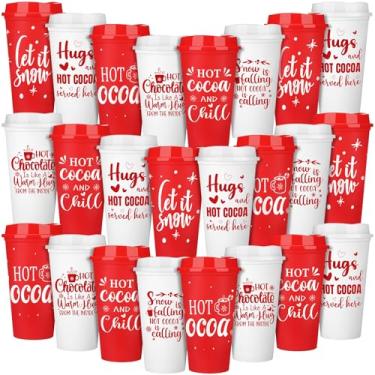 Imagem de Tioncy Hot Chocolate Bar Supplies Xícaras de café reutilizáveis de Natal Presente 473 ml com tampas Copos de plástico Caneca de café de viagem Presentes de agradecimento para o inverno (24 peças