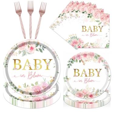 Imagem de Refavor Baby in Bloom Decorações de chá de bebê, 96 peças de pratos de festa florais de primavera, guardanapos e garfos, utensílios de mesa de papel descartáveis de flores para meninas, serve 24