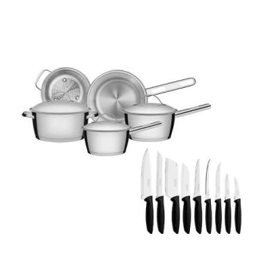 Imagem de Kit - Jogo De Panelas Allegra 5 Pçs Inox + Jogo De Facas Plenus 9pçs -