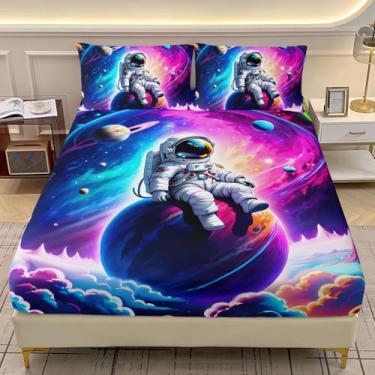 Imagem de AILONEN Jogo de lençol infantil casal com estampa de astronauta e galáxia, planetas sonhadores, astronauta, lençol com elástico e 2 fronhas, 3 peças