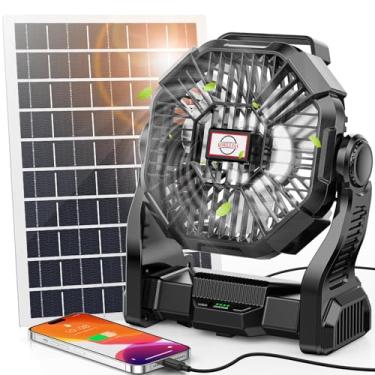 Imagem de Ventilador solar de 30.000 mAh com lanterna de LED, painel solar de 10 W, ventilador de acampamento alimentado por bateria recarregável, para uso externo, suprimentos de furacão operados por bateria