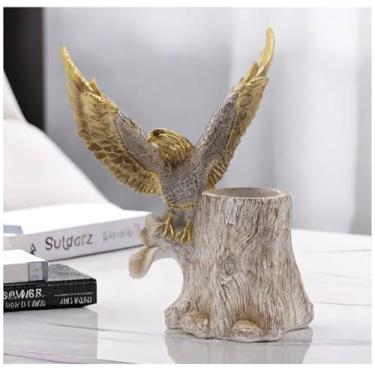 Imagem de Estátua criativa de resina de águia, suporte de caneta, toco de árvore, estatuetas colecionáveis, sala de estar, casa, escritório, escritório, decoração de mesa, ornamento, presente (cobre)