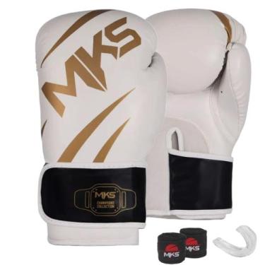 Imagem de Kit Luva Boxe New Champion Branco/Dourado 10oz + Bandagem + Protetor B