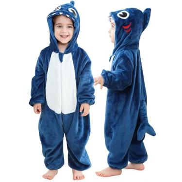 Imagem de MICHLEY Macacão unissex com capuz para bebê, infantil, animal, vestido de festa de Halloween, macacão de 0 a 4 anos, Tubarão azul, 6-12 Months/Height:26"-31"