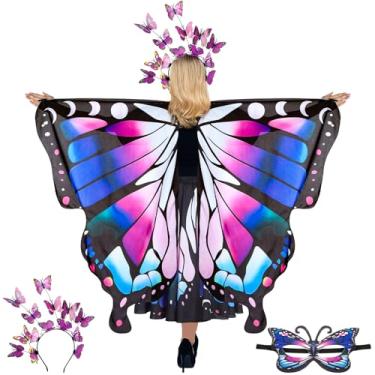 Imagem de Rngmsi Fantasia de xaile de asas de borboleta - capa de asa de borboleta roxa azul e branca com saia multicolorida, conjunto de máscara para mulheres, acessório para fotos de cosplay diário, fantasia