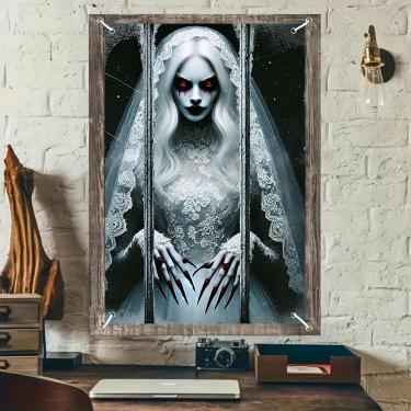 Imagem de BlissYard Capa de janela de Halloween anjo fantasma noiva olhos vermelhos assombrando 78 x 123 centímetros véu etéreo assustador decoração de janela poliéster feriado janela banner anjo fantasma para