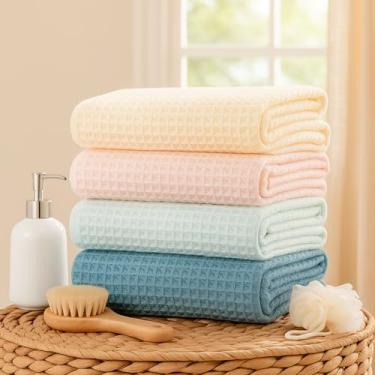 Imagem de SmoothNovelty Pacote com 4 toalhas de banho waffle, 100% algodão, toalha de waffle grande, respirável, absorvente, macia, leve para banheiro, cobertor de chuveiro, spa, ioga, praia, piscina, viagens
