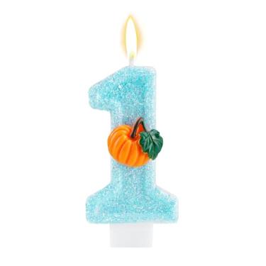 Imagem de Vela de Aniversário Número 1, Glitter Topo Bolo Primeiro Aniversário abóbora Decoração de Festa Temática Outono para Chá Bebé e Celebração(Azul, Estilo 3)