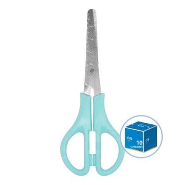 Imagem de Tesoura Escolar 13cm Tons Pastéis Kit 10un Ponta Arredondada Cores Azu