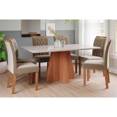 Imagem de Conjunto: Mesa de Cozinha Maitê Tampo Madeirado c/ Vidro 160x80cm e 6 Cadeiras Juliana Cinamomo/Off White - Carvalho/Suede Joli Capuccino - Cimol