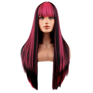 Imagem de BERON Perucas pretas com destaques rosa e longas com franja feminina preta moderna resistente ao calor sintética aparência natural peruca para cosplay festa ou dia a dia