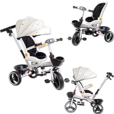 Imagem de Triciclo Carrinho de Passeio 2 em 1 Infantil Multifuncional Luxo Som e Luz Assento Giratório 360° com Cinto de Segurança Capota Solar Twist Cesto 50kg Haste Empurrador Rodas de EVA INMETRO (Luxo)