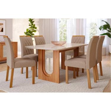 Imagem de Sala De Jantar Completa Valentina Tampo Madeirado C- Vidro 180x90cm E 6 Cadeiras Juliana Cinamomo-off White - Nature-madeirado-linho Be - Cimol