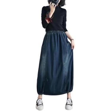Imagem de Saia Jeans Feminina Solta Retro Bolsos Lavada Saia Jeans Moda Primavera Verão Mulheres Cintura Elástica De Comprimento Médio, Blue, XL