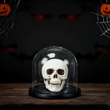 Imagem de Sratte Modelo de cabeça de caveira de plástico para decoração de Halloween com base de madeira, mesa de centro de mesa de Halloween, recipiente de vidro para colocação DIY, flores, velas, plantas