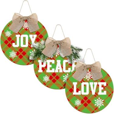 Imagem de Hicarer 3 peças de decoração de Natal para pendurar sinal de paz, alegria e amor, guirlanda xadrez xadrez para porta da frente rústica de serapilheira de madeira, Natal, decoração interna e externa