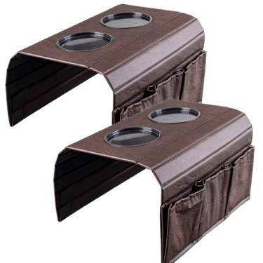 Imagem de Porta Copos para Sofá Jogo 2 em 1 - Esteira Organizadora para Braço de Sofá com Suporte para Copo, Controle e Celular - Antiderrapante e Resistente (2 Marrom)