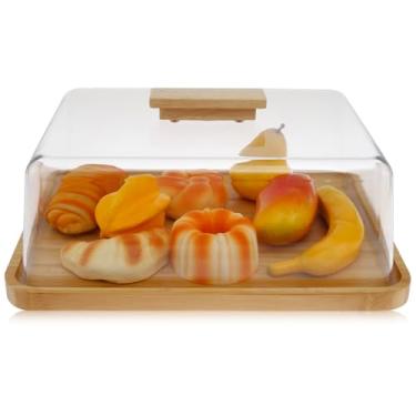 Imagem de Suporte de bolo de madeira, bandeja de bolo transparente com tampa de acrílico, tábua de charcutaria, bandeja retangular para alimentos, bandeja de bolo à prova de estilhaçamento, suporte de bolo para