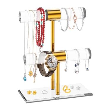 Imagem de Suporte de exibição de joias de acrílico de 1/2 fácil de montar, suporte de colar longo versátil para vendedor de boutique de loja (dourado, 2 camadas)