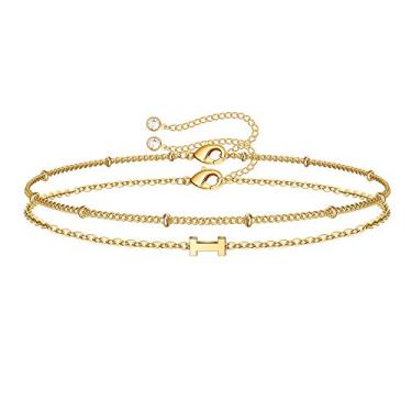 Imagem de M MOOHAM Pulseiras iniciais femininas - Pulseira com letras em camadas com pingente de inicial A-Z, joias delicadas de ouro/prata/ouro rosa para mulheres, presentes de aniversário, joias de ouro