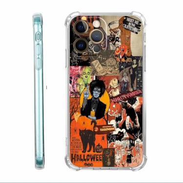 Imagem de Nsyosio Capa de abóbora de Halloween para iPhone 12 Pro Max, elementos de terror caveira bruxa, colagem, capa de telefone de TPU macio na moda, 12h