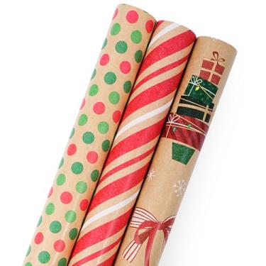 Imagem de LaRibbons Conjunto de papel de embrulho de Natal Kraft, 3 rolos de 43 x 304,8 cm, apresenta meias de Natal, presentes, listras, bolinhas, papel marrom com recortes para Natal, feriado, aniversário