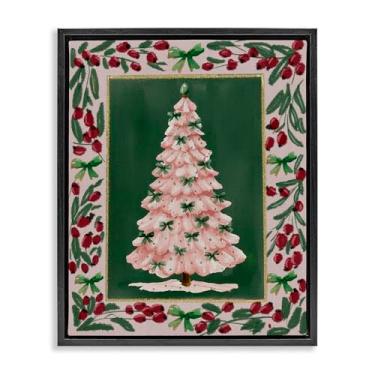Imagem de Stupell Industries Arte de parede em tela flutuante com borda botânica de árvore de Natal rosa, design por Yen, 53 x 43 cm