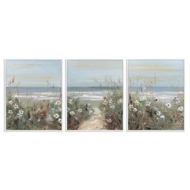 Imagem de Stupell Industries Conjunto de arte giclée emoldurado branco com paisagem litorânea de flores silvestres, design de Sally Swatland, 50 x 40 cm