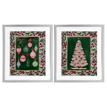 Imagem de Stupell Industries Ornamentos vintage e borda de árvore 2 peças impressão emoldurada cinza conjunto sob vidro, design por Yen, 16 x 13