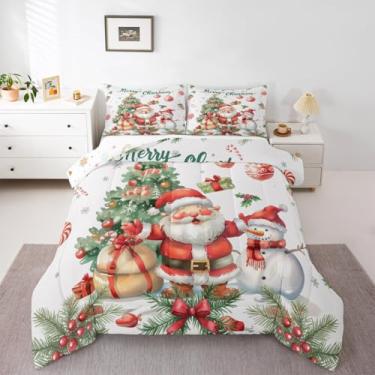 Imagem de jejeloiu Conjunto de edredom para todas as estações, desenho animado de Papai Noel, Papai Noel, com 2 fronhas, desenho animado, boneco de neve, microfibra infantil, roupa de cama de casal verde e