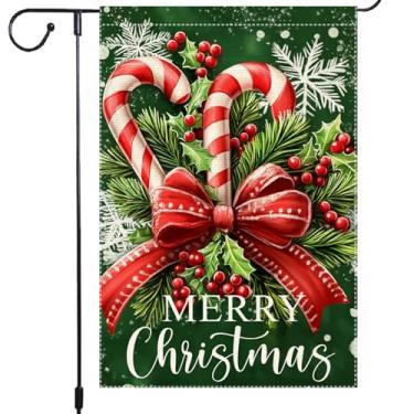 Imagem de Bandeira de jardim de Natal 30,5 x 45,7 cm bengala de serapilheira dupla face e laço vermelho fundo verde decoração de quintal de férias bandeira de boas-vindas sazonal de inverno ao ar livre