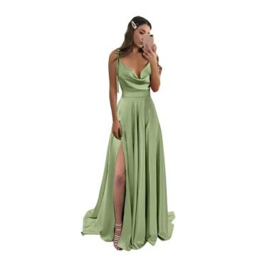 Imagem de Vestido de dama de honra Monvelli A Line Satin Split Sage Green
