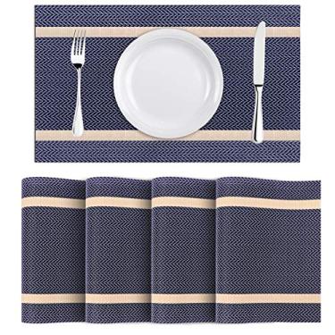 Imagem de WWW Jogos americanos resistentes ao calor, conjunto de 4, tapetes de mesa de PVC laváveis resistentes a manchas, tapetes de mesa de cozinha para mesa de jantar da cozinha, azul marinho