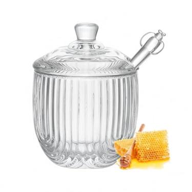 Imagem de Pote de Vidro Canelado para Mel, Transparente, 220ml, com Pegador em Acrílico e Tampa Decorativa, Design Moderno