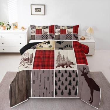 Imagem de Jogo de cama infantil de caça, urso, veado, retrô, rústica, cabana rústica, cama de fazenda, Natal, cowboy, animal, enchimento, grade, vida selvagem, aventura, para homens, vermelho e marrom