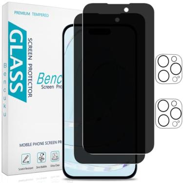 Imagem de Bencuku Pacote com 2 protetores de tela de privacidade para iPhone 14 Pro Max de 6,7 polegadas com 2 protetores de lente de câmera, película de vidro temperado privada antiespião, dureza 9H, sem