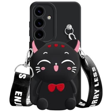 Imagem de SGVAHY Capa para Samsung Galaxy A55 5G, linda bolsa de moedas de gato da sorte preta para mulheres e meninas com alça transversal Kawaii capa de silicone macio para Galaxy A55 5G