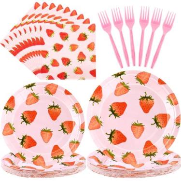 Imagem de Conjunto de pratos de festa CANREVEL Strawberry Serve 24 com guardanap