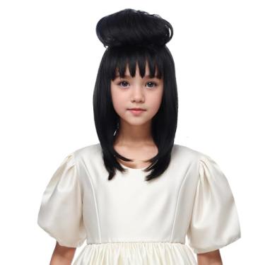 Imagem de Edivd Peruca preta preta reta com franja preta peruca preta com coque para peruca sintética resistente ao calor com touca de peruca