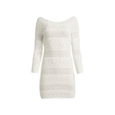 Imagem de GUESS Vestido feminino Amelie de crochê com manga comprida e costas abertas, Branco puro, GG