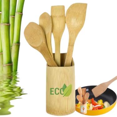 Imagem de Kit de Utensílios de Cozinha em Bambu, 5 Peças Kit Culinário Colher Bambu com Suporte