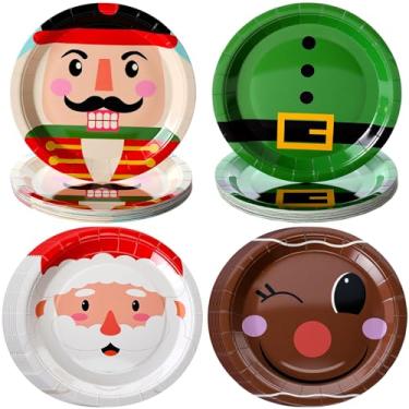 Imagem de FoldTier 100 peças de pratos de papel de Natal, 23 cm, descartáveis, Papai Nozes, quebra-nozes, elfos, pratos de jantar de mesa, decorações de sobremesa, artigos de festa