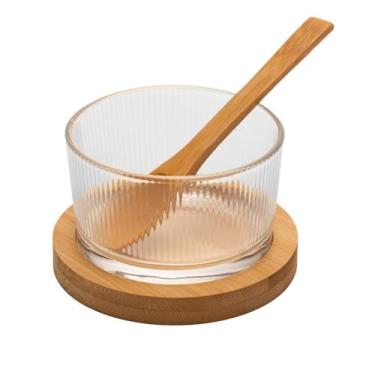 Imagem de LYOR - Petisqueira Redonda Stripes com Colher de Bambu e Suporte 10cm x 6cm Vidro