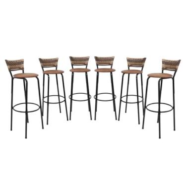 Imagem de Kit 6 Banquetas Altas 80cm Estrutura Preta Encosto Junco Cappuccino Ideal P/Bancada Cozinha Americana Bares Balcão Itagold (Assento Marrom Claro)