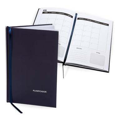 Imagem de Agenda espanhola semanal e rastreador de hábitos – Agenda en Español sem data de 15 x 23 cm – Definidor de metas, organizador mensal e diário – Capa dura azul marinho